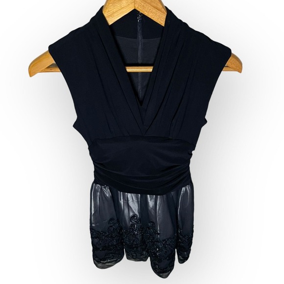 SLNY Navy Blue Fit and Flare Cocktail Dress Stretch Top Tulle Lace Skirt Size 4 - Picture 7 of 16